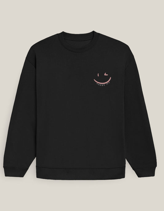 Happy Me Sweatshirt-Blackout Edition sweatshirt oversized fit cotton fabric heavyweight fabric printed design detail view by HAViT Apparel