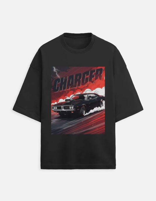 Crimson Charger Drift Oversized Terry Tshirt oversized fit cotton fabric heavyweight fabric graphic print printed design detail view by HAViT Apparel