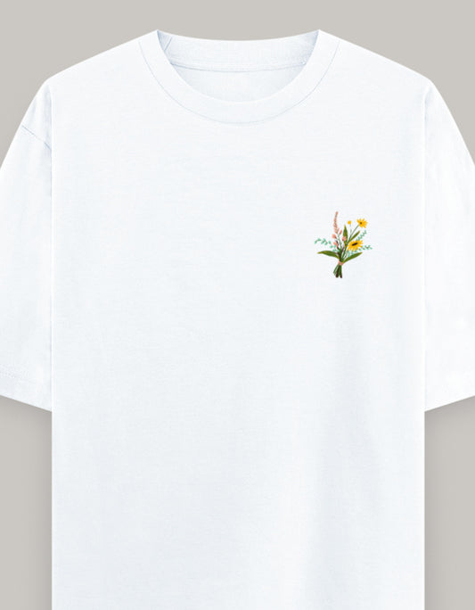 Soft Bloom Embroidered Women’s Tee t-shirt oversized fit cotton fabric heavyweight fabric embroidered design detail view by HAViT Apparel
