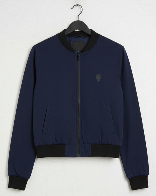 Dark Navy Elegant Women’s Bomber jacket regular fit heavyweight fabric printed design detail view by HAViT Apparel