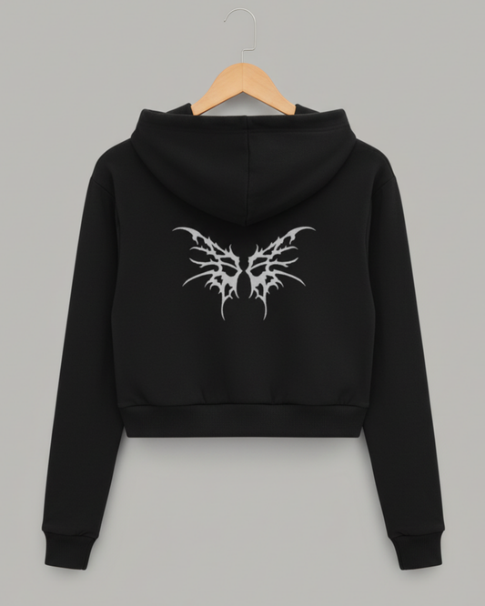 Butterfly Cropped Hoodie – Back Graphic Print hoodie cotton fabric heavyweight fabric graphic print printed design detail view by HAViT Apparel