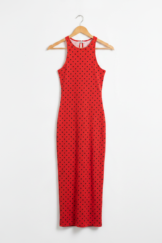 Crimson Noir Polka Bodycon Dress - red bodycon dress with black polka dots on wooden hanger, white studio background