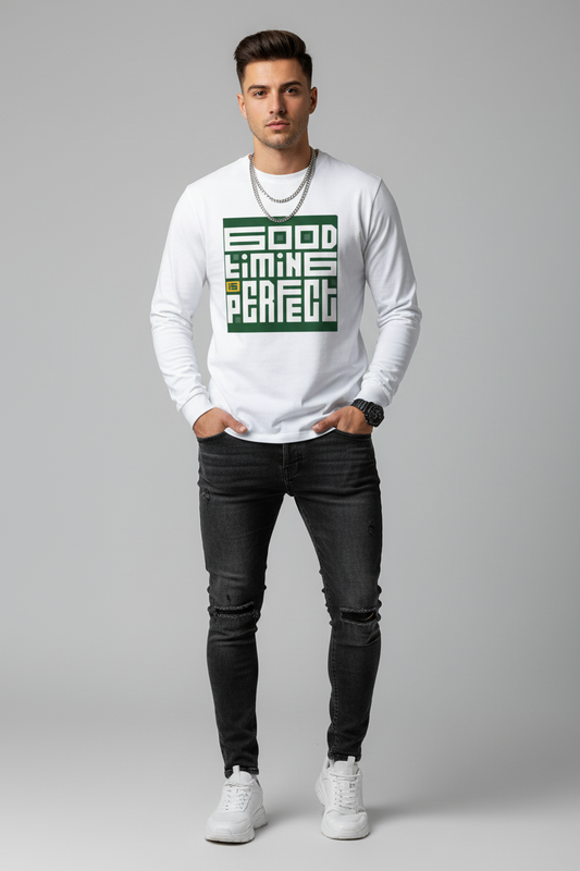 Model wearing Good Timing Is Perfect Graphic Full Sleeve T-Shirt