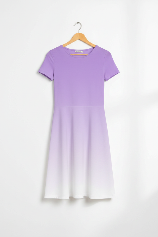 Lilac Cloud A-Line Dress hanging on a light birch wood hanger, smooth lavender-to-white ombre gradient, clean minimal white background, product-only shot