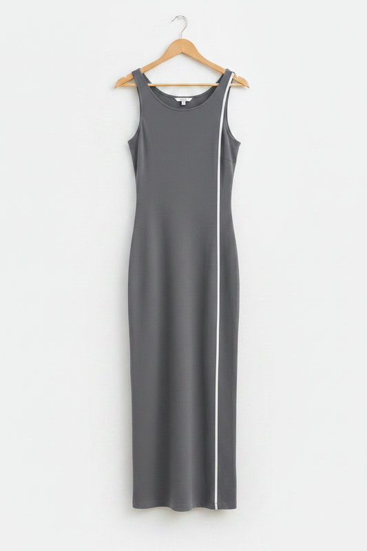 Urban Line Bodycon Dress - grey bodycon dress with white side stripe on wooden hanger, white studio background