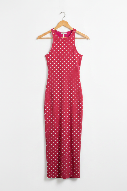 Scarlet Dot Muse Bodycon Dress - scarlet red bodycon dress with white polka dots on wooden hanger, white studio background