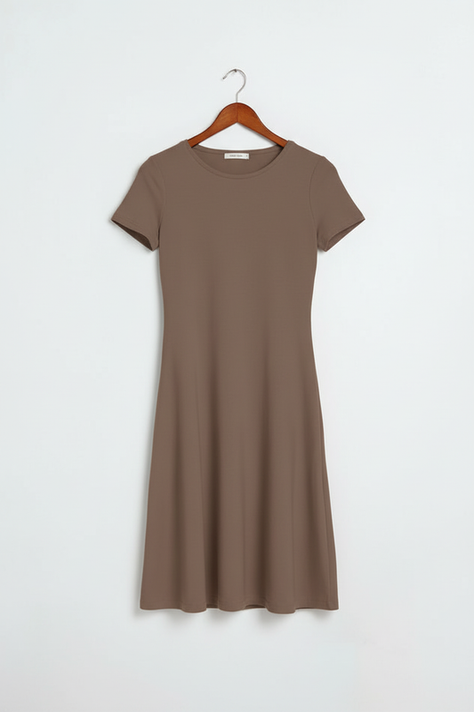 Mocha brown A-line dress on wooden hanger