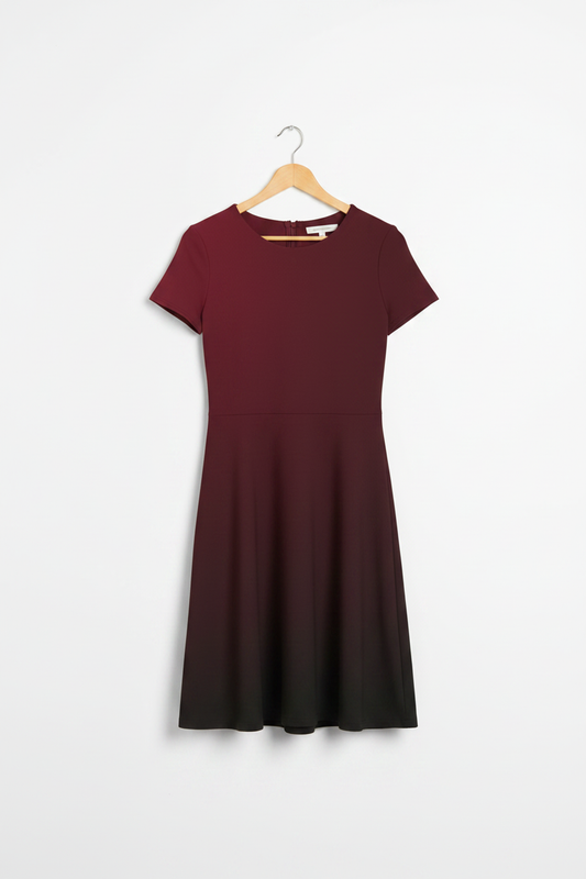 Midnight Merlot A-Line Dress hanging on a light birch wood hanger, clean minimal white background, product-only shot