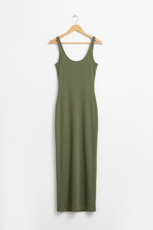 Olive green bodycon dress on wooden hanger