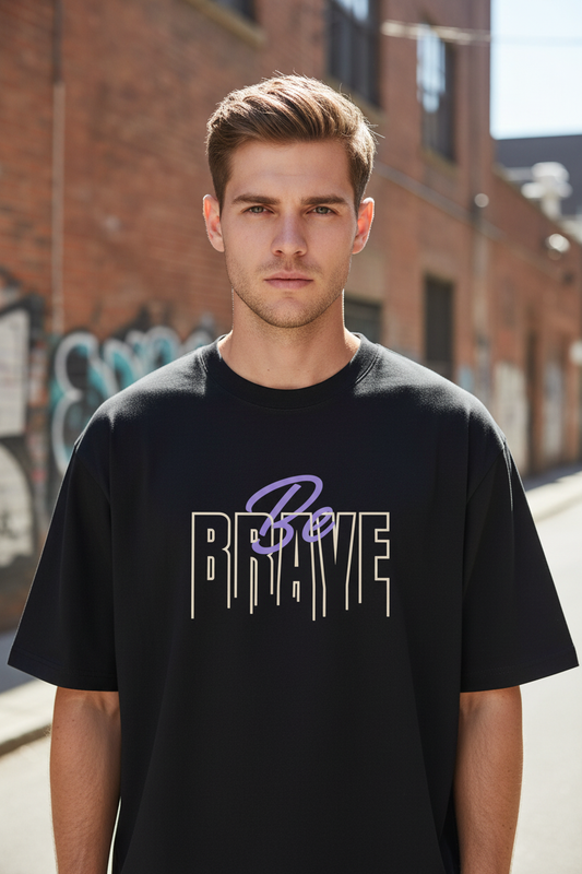 Male model wearing Be Brave oversized t-shirt