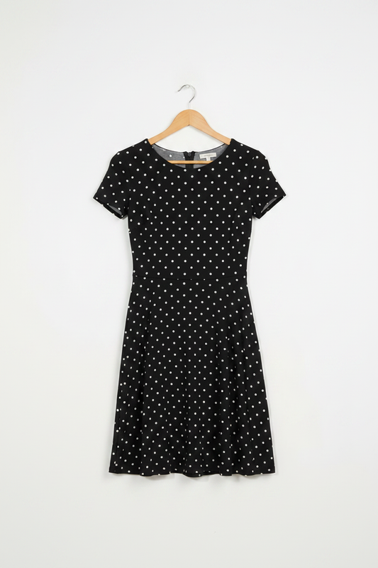 Luna Dot A-Line Dress - dress on wooden hanger, white studio background