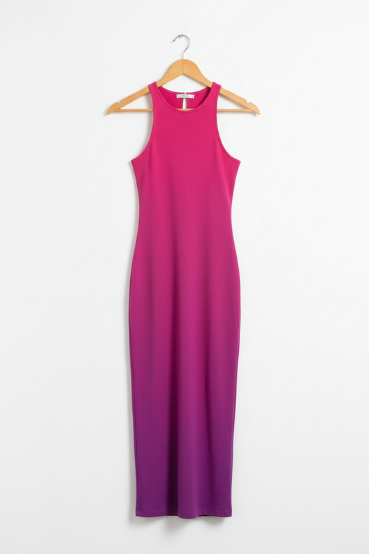 Berry Noir Ombre Bodycon Dress - black to berry ombre bodycon dress on wooden hanger, white studio background