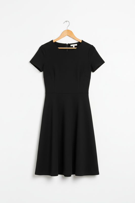 Classic black A-line dress on wooden hanger