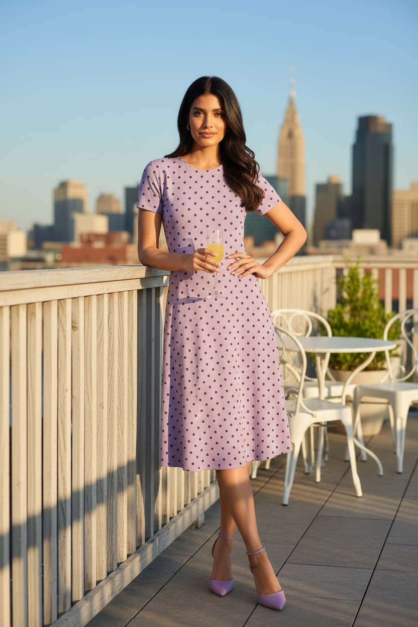 Lilac Elegance Polka Dress - fair-skinned Indian female model wearing lilac lavender polka dot dress in lifestyle indoor setting, brunch rooftop vibe