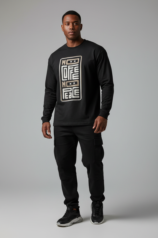 Model wearing No Coffee No Peace Graphic Full Sleeve T-Shirt