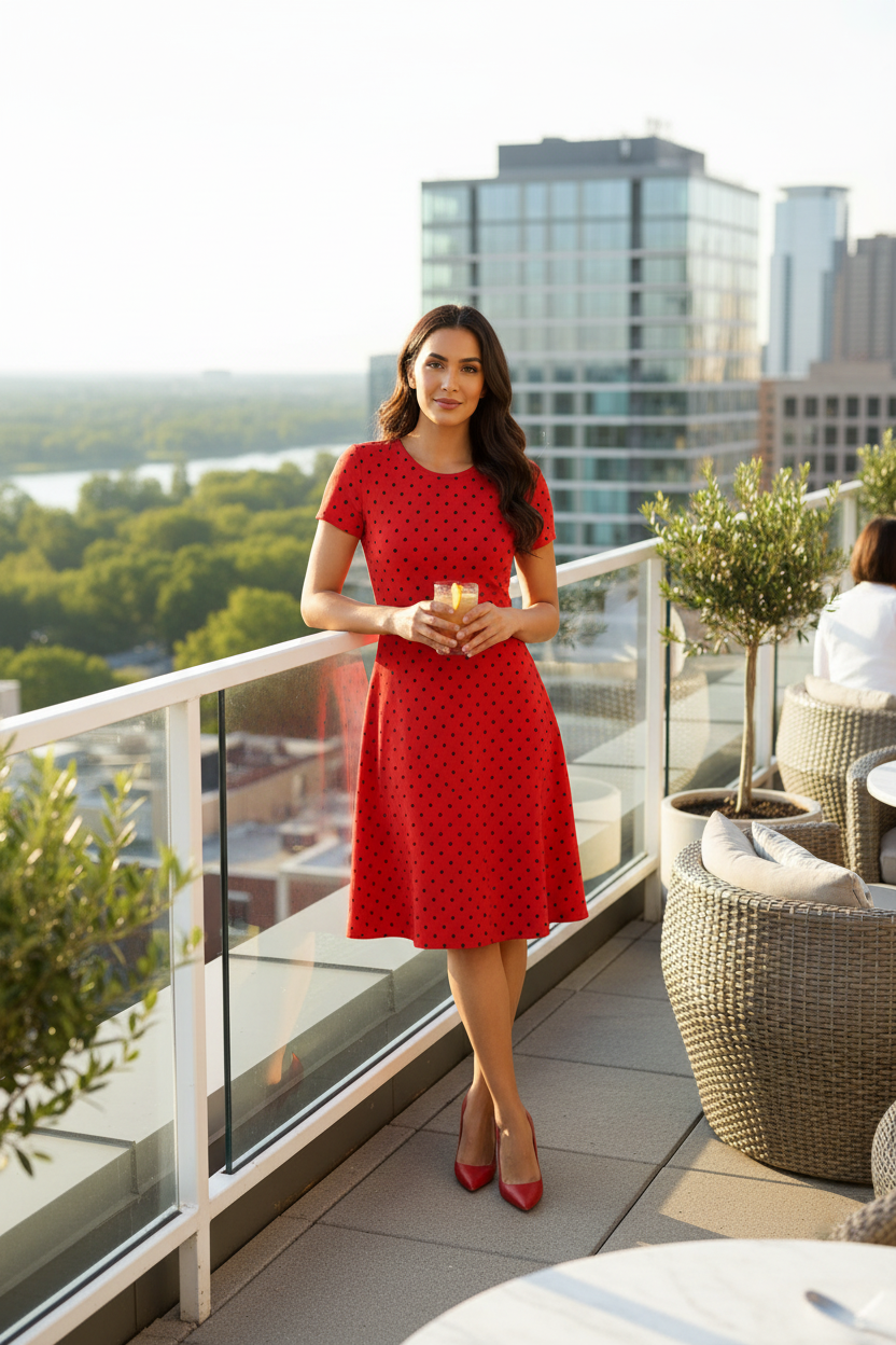 Retro Scarlet Polka A-Line Dress - fair-skinned Indian female model wearing scarlet red polka dot A-line dress in lifestyle indoor setting, brunch rooftop vibe
