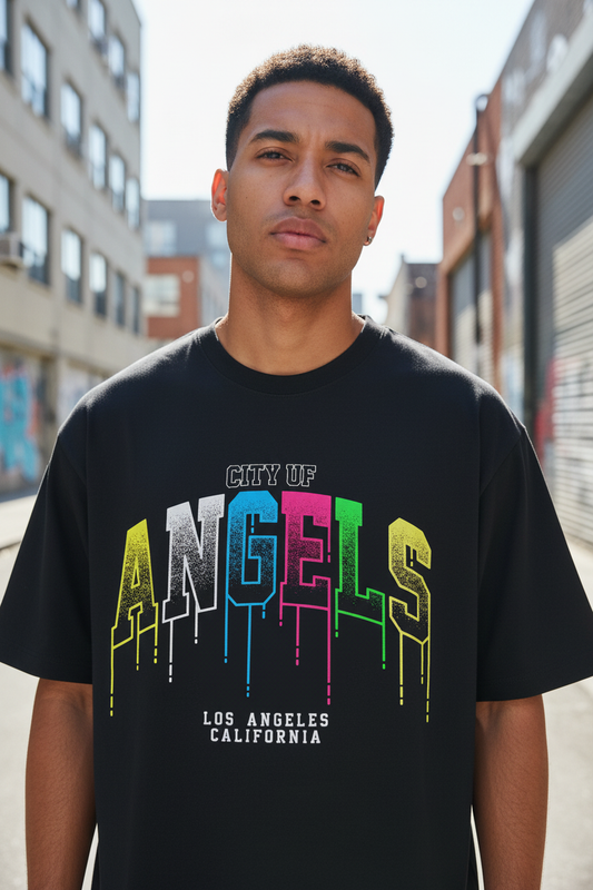 Male model wearing City of Angels Los Angeles Drip oversized t-shirt