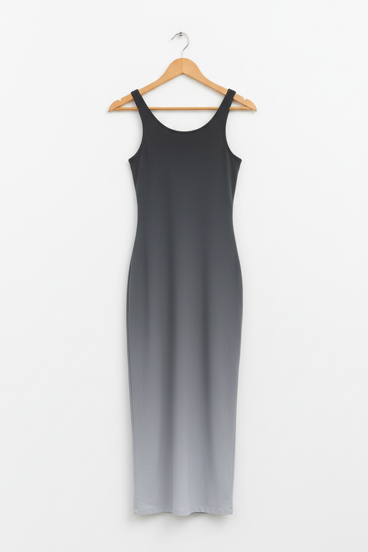 Silver Shadow Ombre Bodycon Dress - charcoal to silver grey ombre bodycon dress on wooden hanger, white studio background