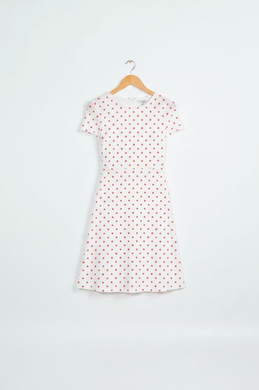 Retro Charm A-Line Dress Red Polka Dot Edition - dress on wooden hanger, white studio background