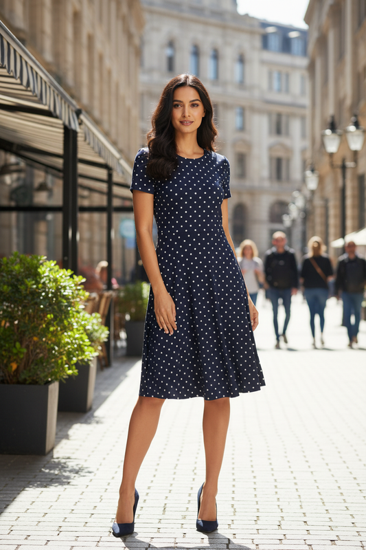 Midnight Blue Polka A-Line Dress - fair-skinned Indian female model wearing midnight blue polka dot A-line dress in outdoor outing setting, sunny street background