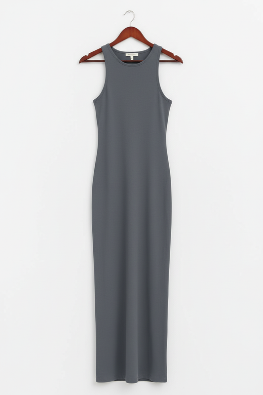 Slate grey bodycon dress on wooden hanger
