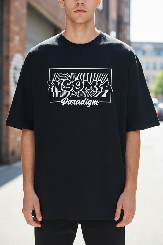 Male model wearing Insomnia Paradigm oversized t-shirt