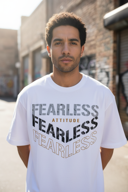 Male model wearing Fearless Attitude Statement Streetwear oversized t-shirt