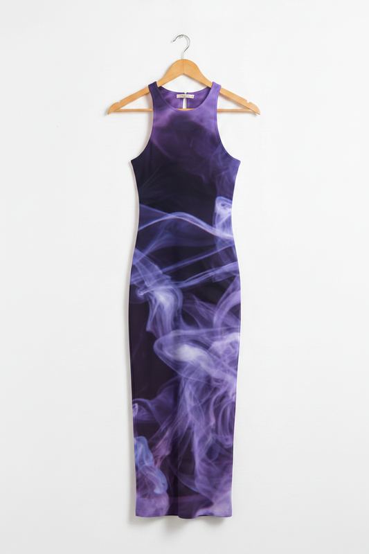 Violet Mist Bodycon Dress - purple smoke-effect bodycon dress on wooden hanger, white studio background