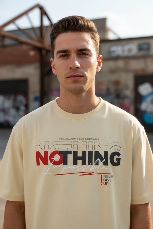 Male model wearing Nothing Is Impossible oversized t-shirt - color variant