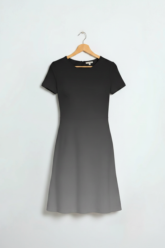 Ash Ombre A-Line Dress hanging on a light wood hanger, clean minimal background, product-only shot