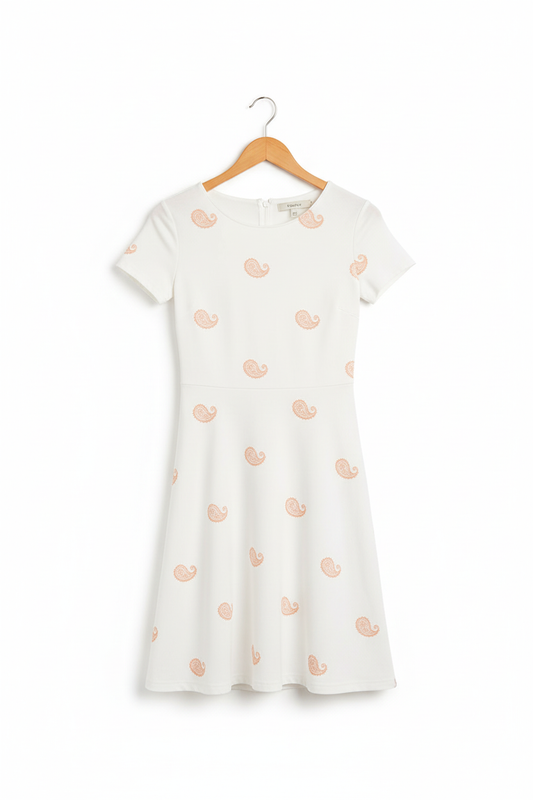 Elegant paisley A-line dress on wooden hanger