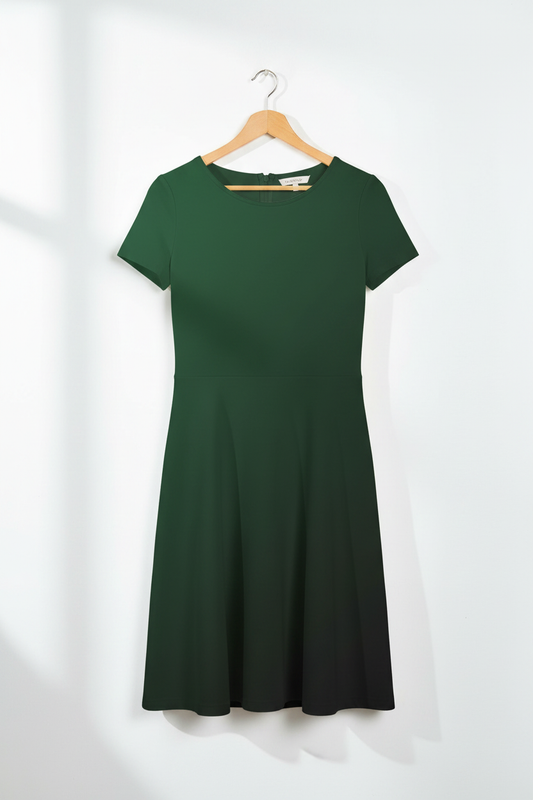 Forest Noir A-Line Dress hanging on a light birch wood hanger, clean minimal white background, product-only shot