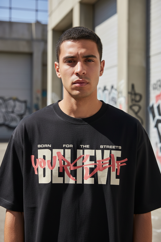 Male model wearing Believe Yourself oversized t-shirt