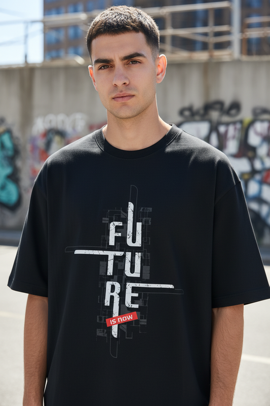Male model wearing Future Is Now Oversized Statement Tee