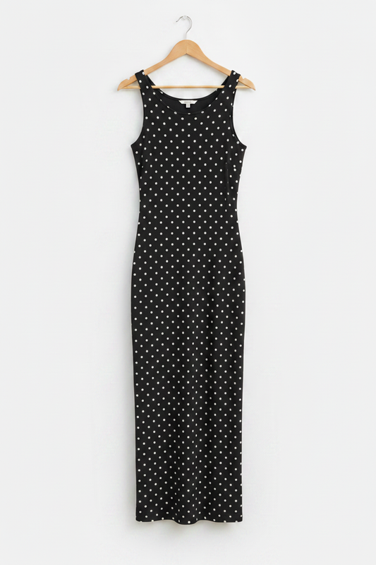 Classic Noir Polka Bodycon Dress - black bodycon dress with white polka dots on wooden hanger, white studio background