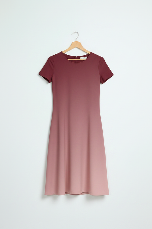Rosewood Fade A-Line Dress hanging on a light birch wood hanger, diagonal wine red-to-blush pink gradient, clean minimal white background, product-only shot