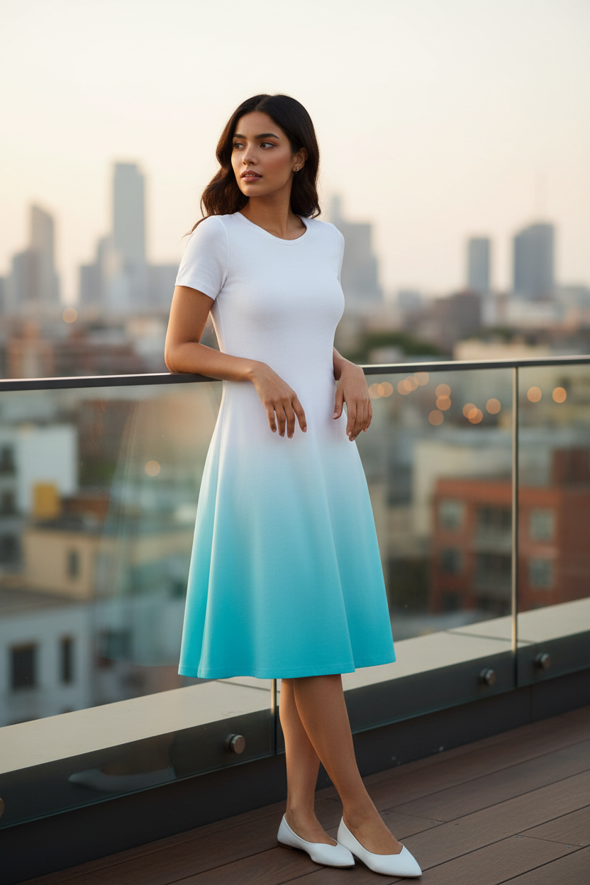 Indian female model wearing Azure Glow Gradient Dress at rooftop café, leaning on railing gazing into distance, full body shot