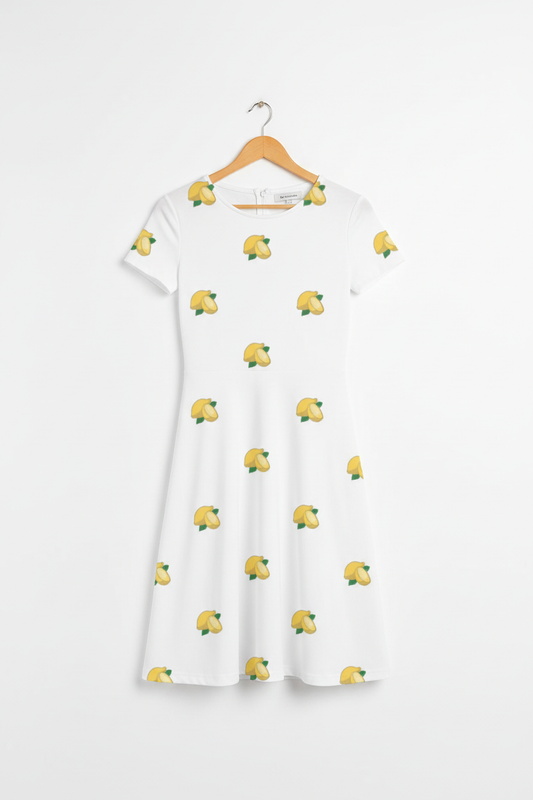 Citrus bloom A-line dress on wooden hanger