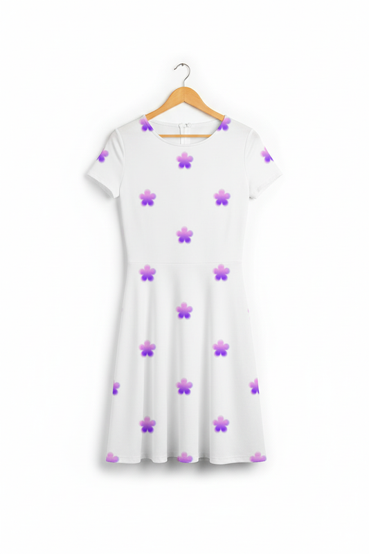 Watercolour bloom A-line dress on wooden hanger