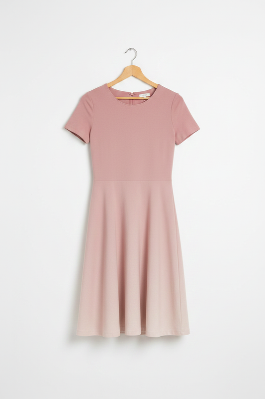 Blush Bloom A-Line Dress hanging on a light birch wood hanger, clean minimal white background, product-only shot