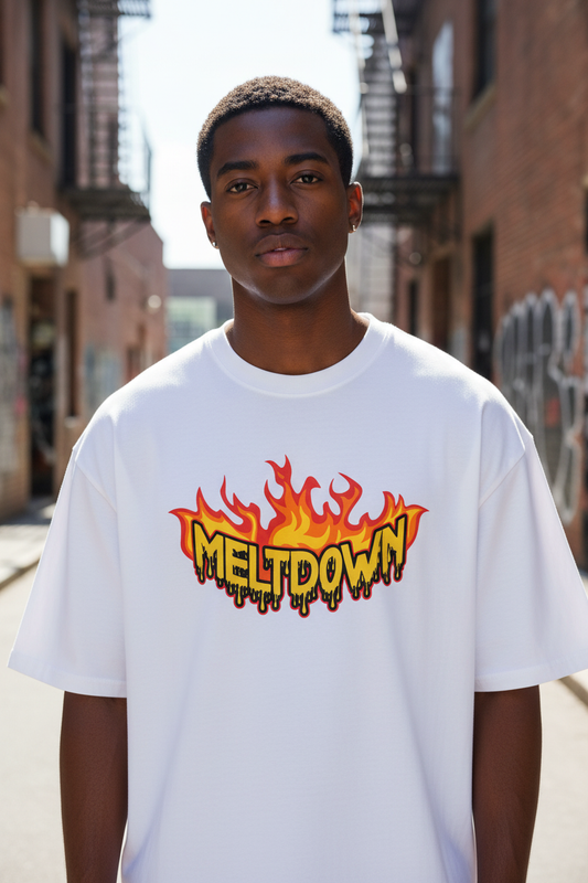 Male model wearing Meltdown Flame oversized t-shirt