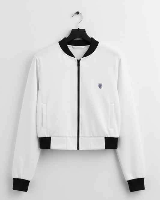 Women's Classic White Bomber Jacket jacket regular fit heavyweight fabric printed design detail view by HAViT Apparel