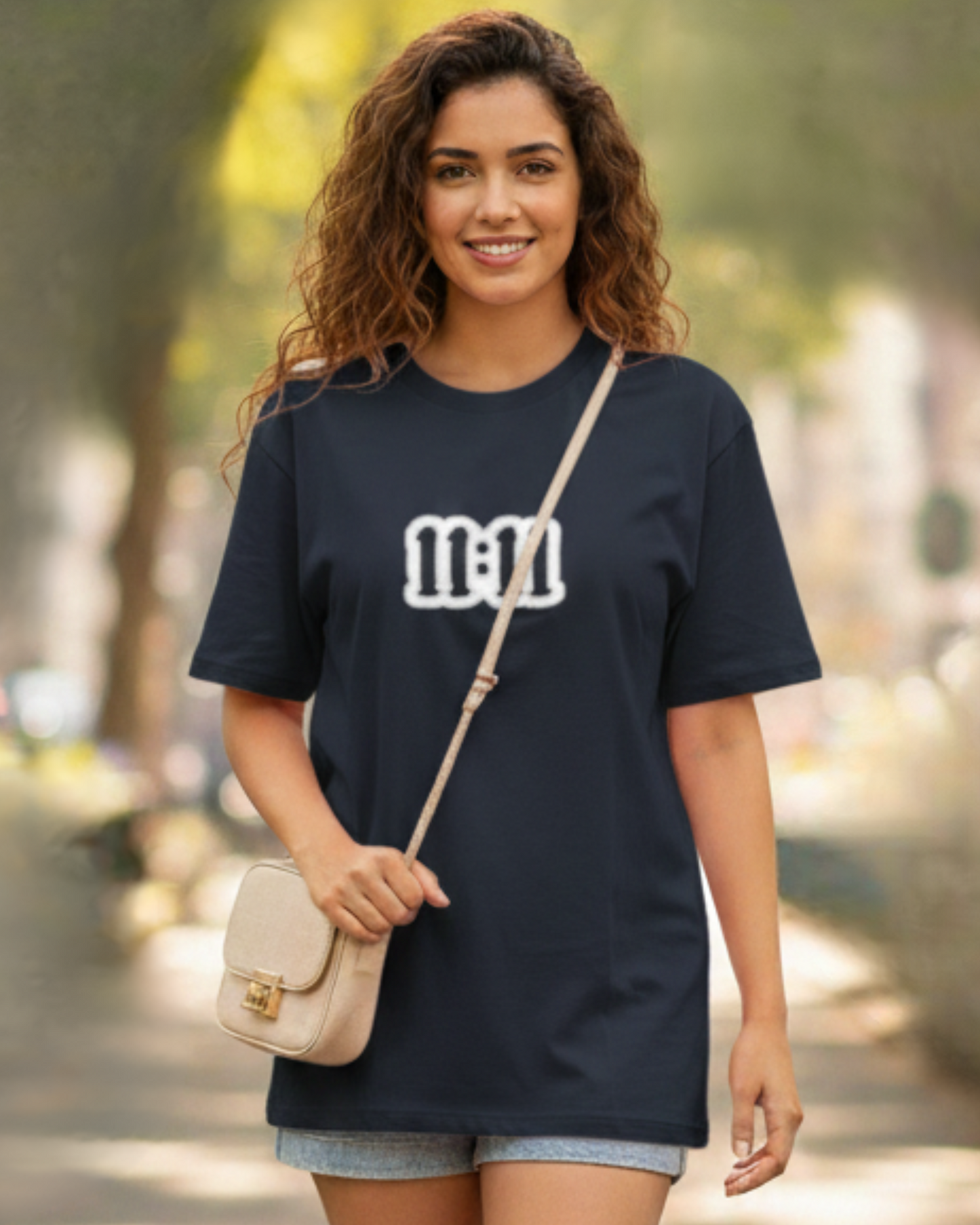 11:11 Wishmark Oversized Women’s T-Shirt jacket oversized fit cotton fabric heavyweight fabric embroidered design detail view by HAViT Apparel