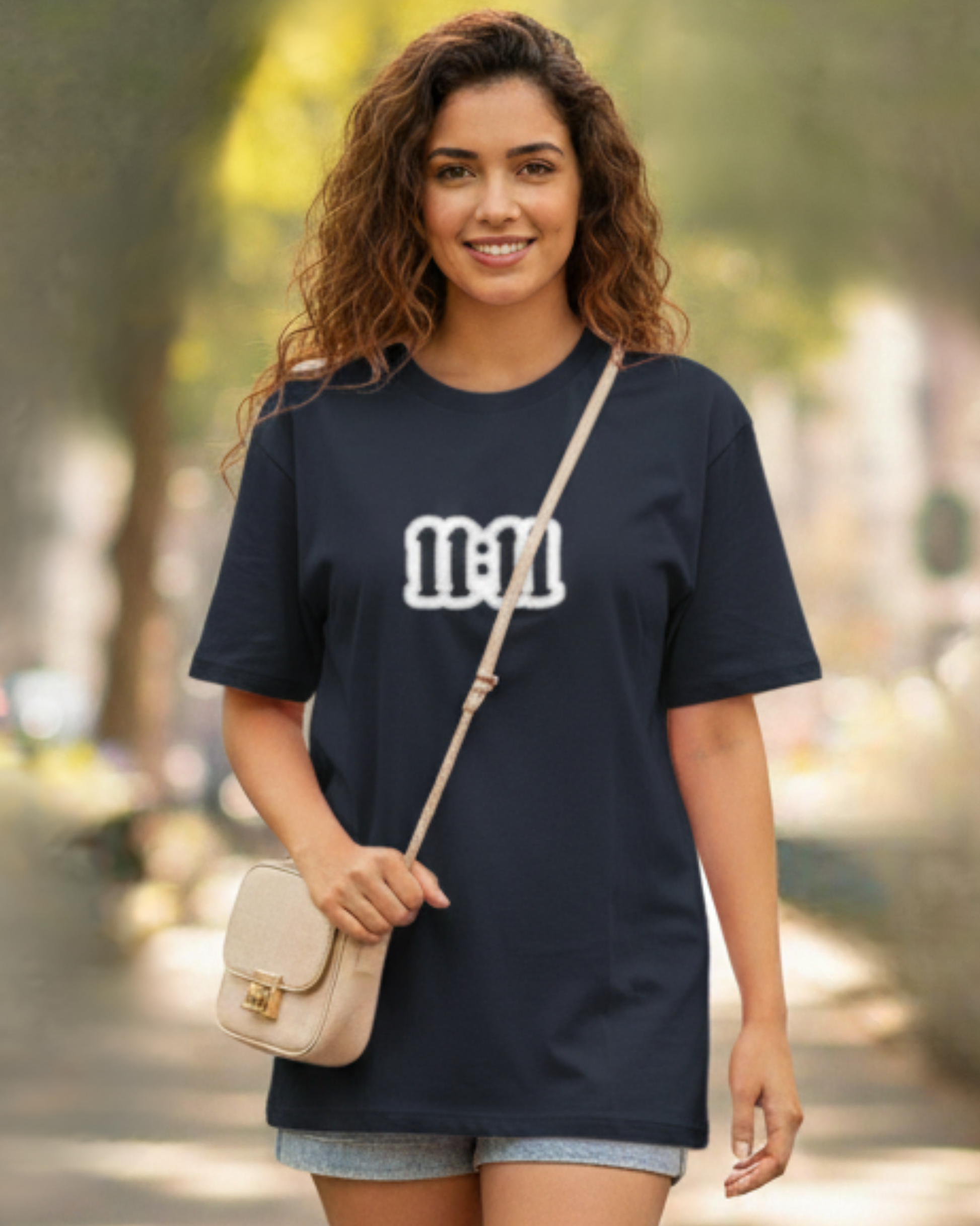 11:11 Wishmark Oversized Women’s T-Shirt jacket oversized fit cotton fabric heavyweight fabric embroidered design detail view by HAViT Apparel