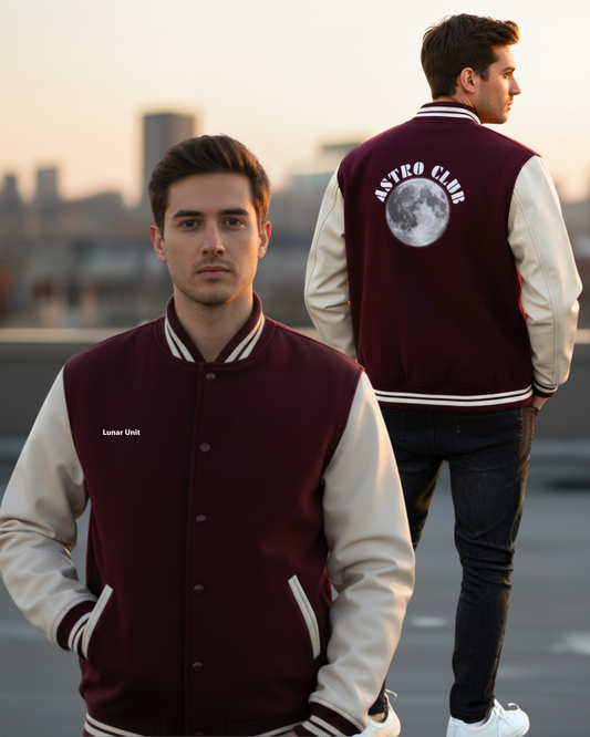 Space Edition Varsity Jacket – Astro Club jacket cotton fabric heavyweight fabric graphic print detail view by HAViT Apparel