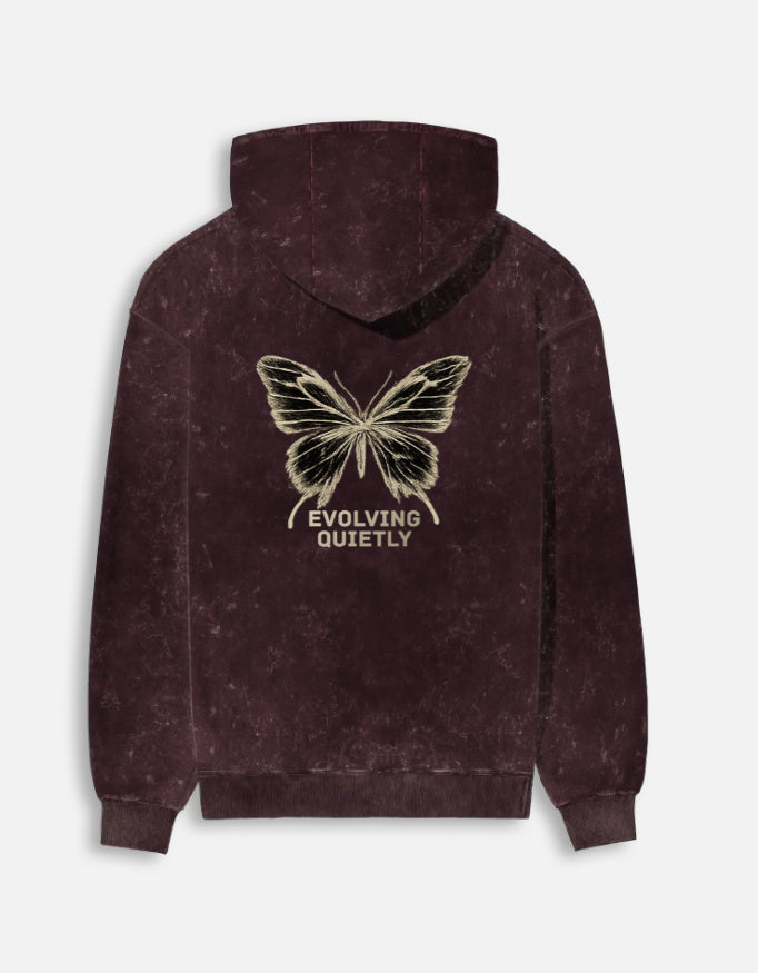 Evolving Quietly- Acid Washed Hoodie hoodie oversized fit acid washed cotton fabric heavyweight fabric printed design detail view by HAViT Apparel