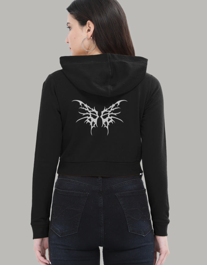 Butterfly Cropped Hoodie – Back Graphic Print hoodie cotton fabric heavyweight fabric graphic print printed design detail view by HAViT Apparel