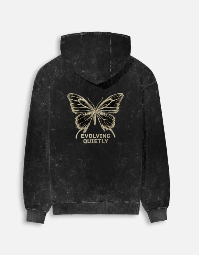 Evolving Quietly- Acid Washed Hoodie hoodie oversized fit acid washed cotton fabric heavyweight fabric printed design detail view by HAViT Apparel