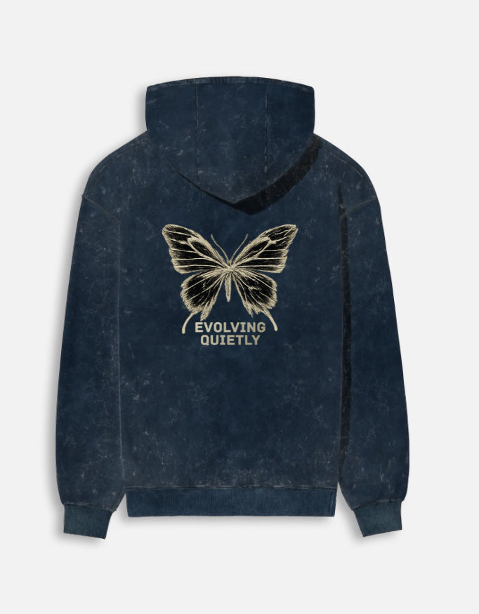Evolving Quietly- Acid Washed Hoodie hoodie oversized fit acid washed cotton fabric heavyweight fabric printed design detail view by HAViT Apparel