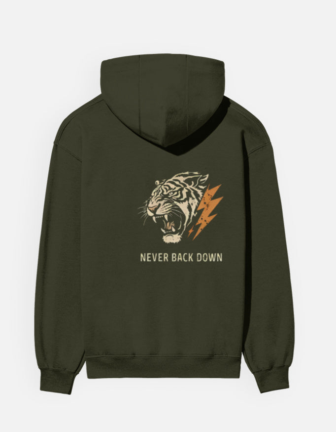 Never Back Down- Hoodie sweatshirt regular fit cotton fabric heavyweight fabric detail view by HAViT Apparel